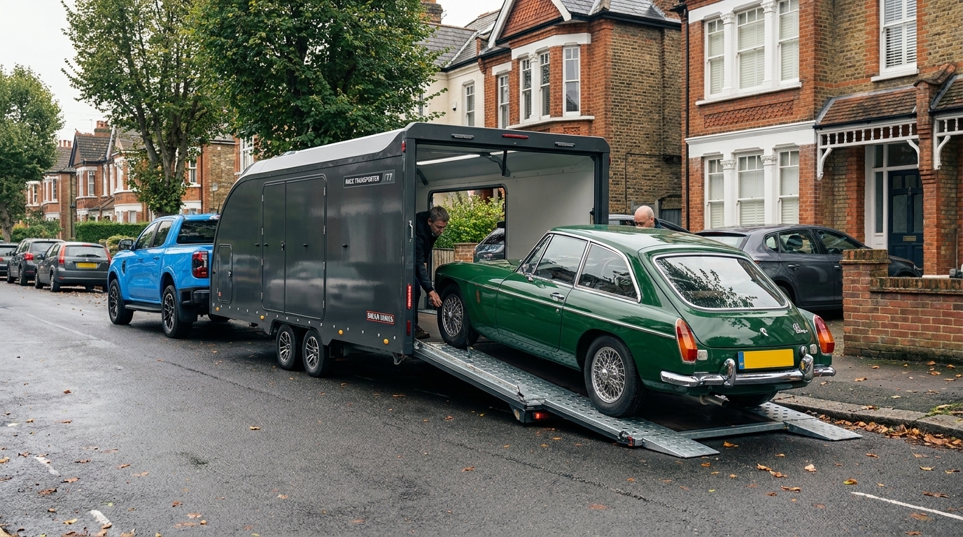 Classic car unloaded from Race Transporter 7