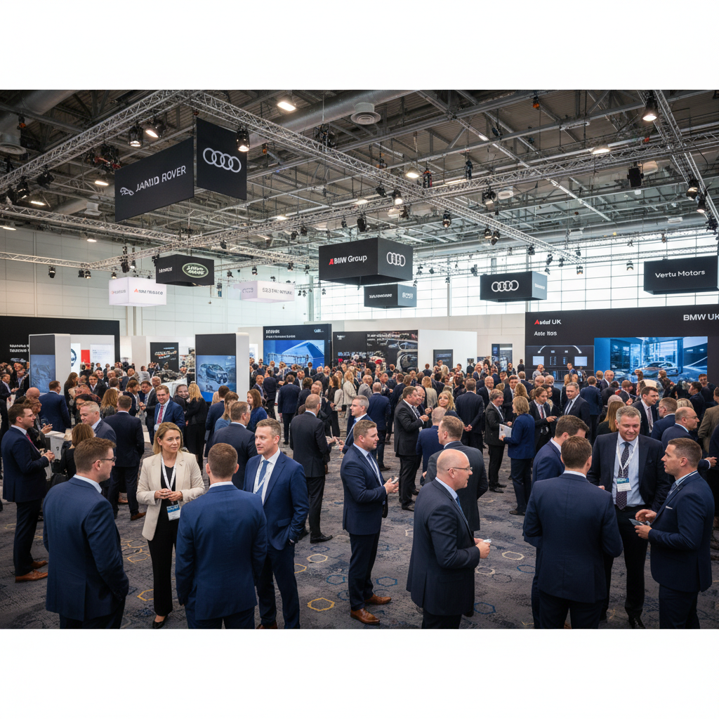 Aerial view of UK car dealership forecourt with rows of vehicles