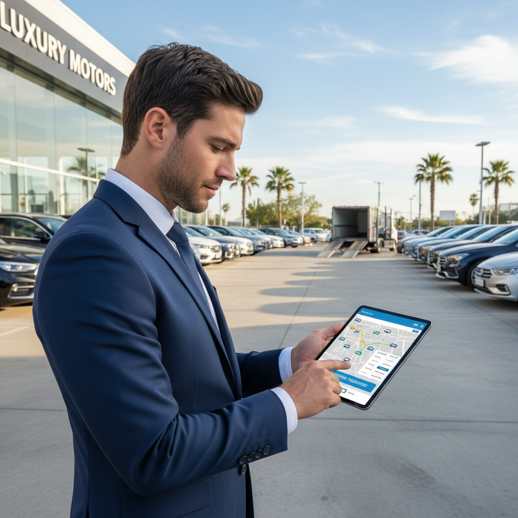 Car dealer using tablet to manage transport bookings