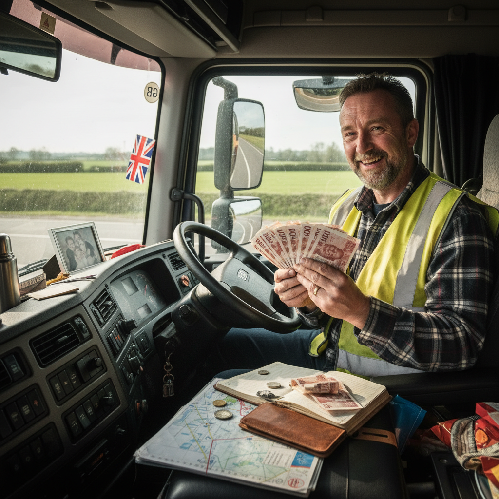 Happy truck driver counting earnings