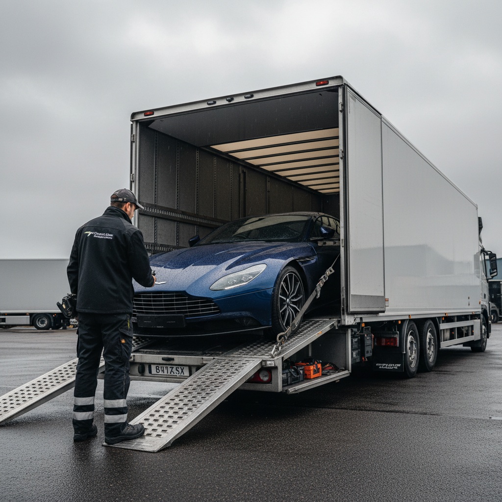 Professional driver carefully loading luxury car onto transporter