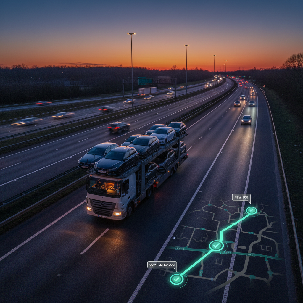 AI route map showing empty leg job matching for car transporter return journey