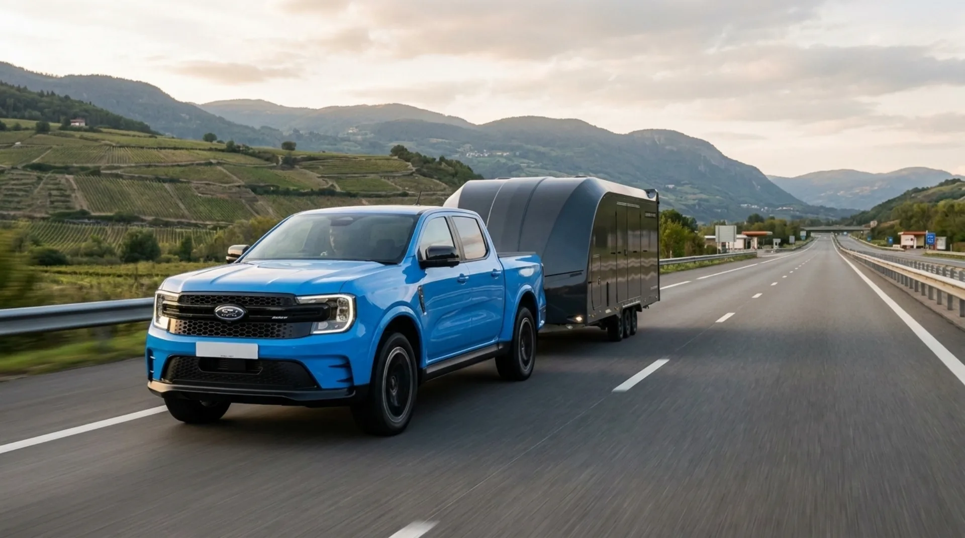Towit MS-RT towing the enclosed Race Transporter 7 on a European alpine motorway