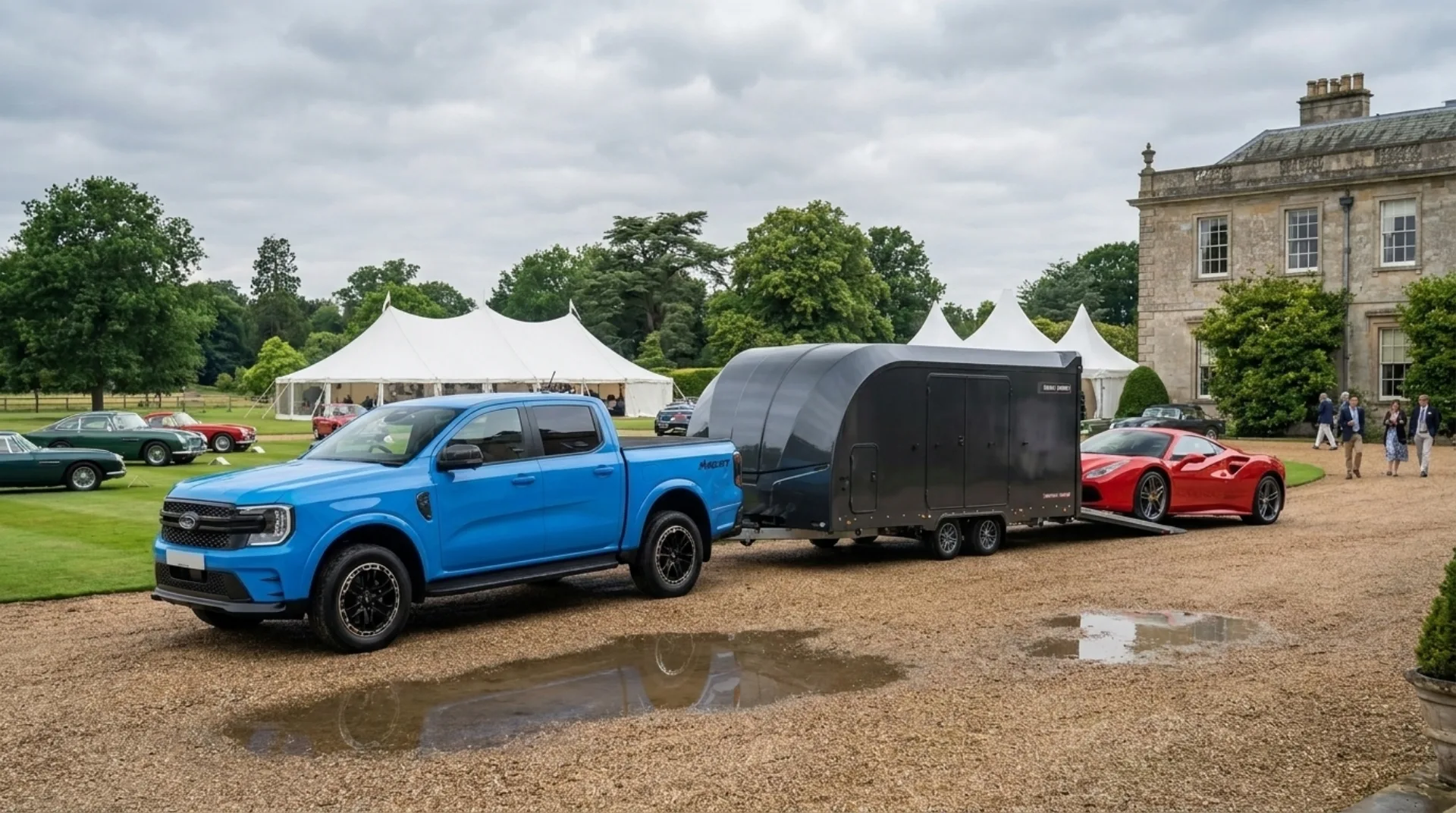 Ferrari being unloaded from the enclosed trailer at a country estate concours event