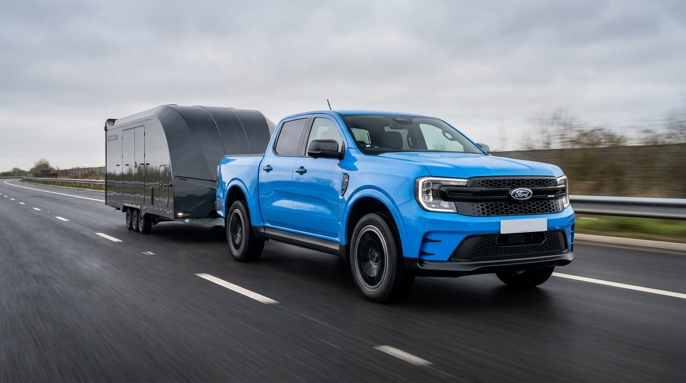 Blue Ford MS-RT towing Brian James Race Transporter 7 on British motorway