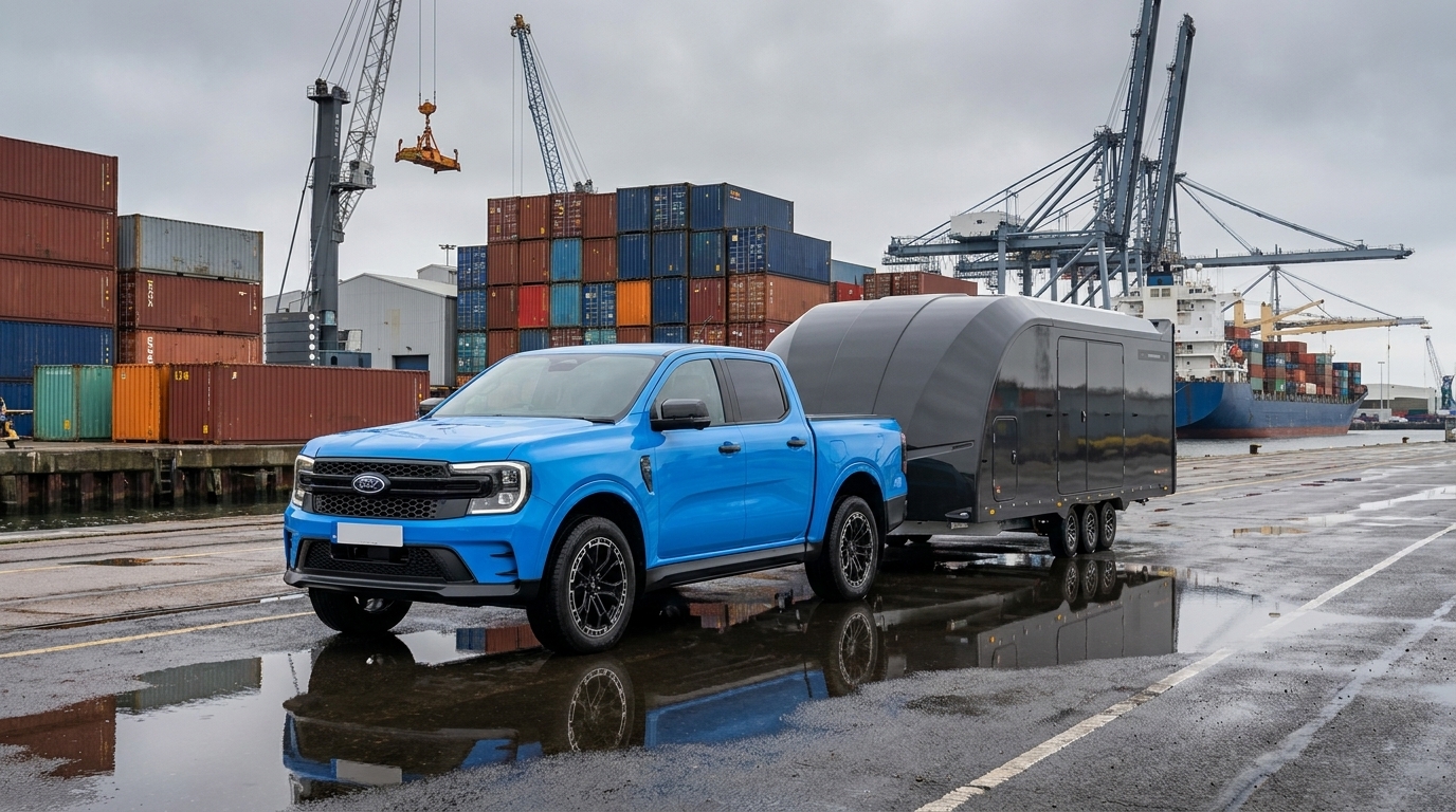 Towit transporter with enclosed trailer at a port, ready for a European crossing
