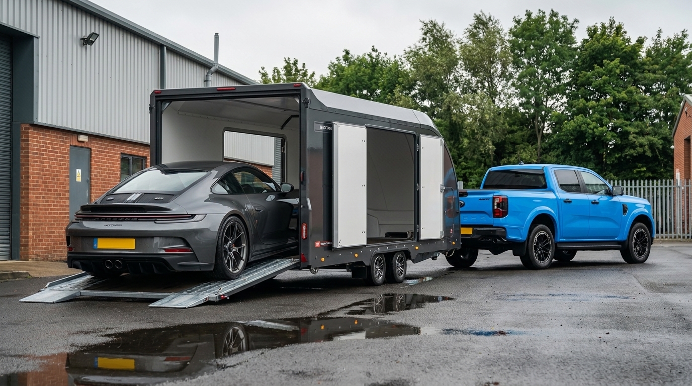 Supercar being loaded onto an enclosed Brian James Race Transporter 7