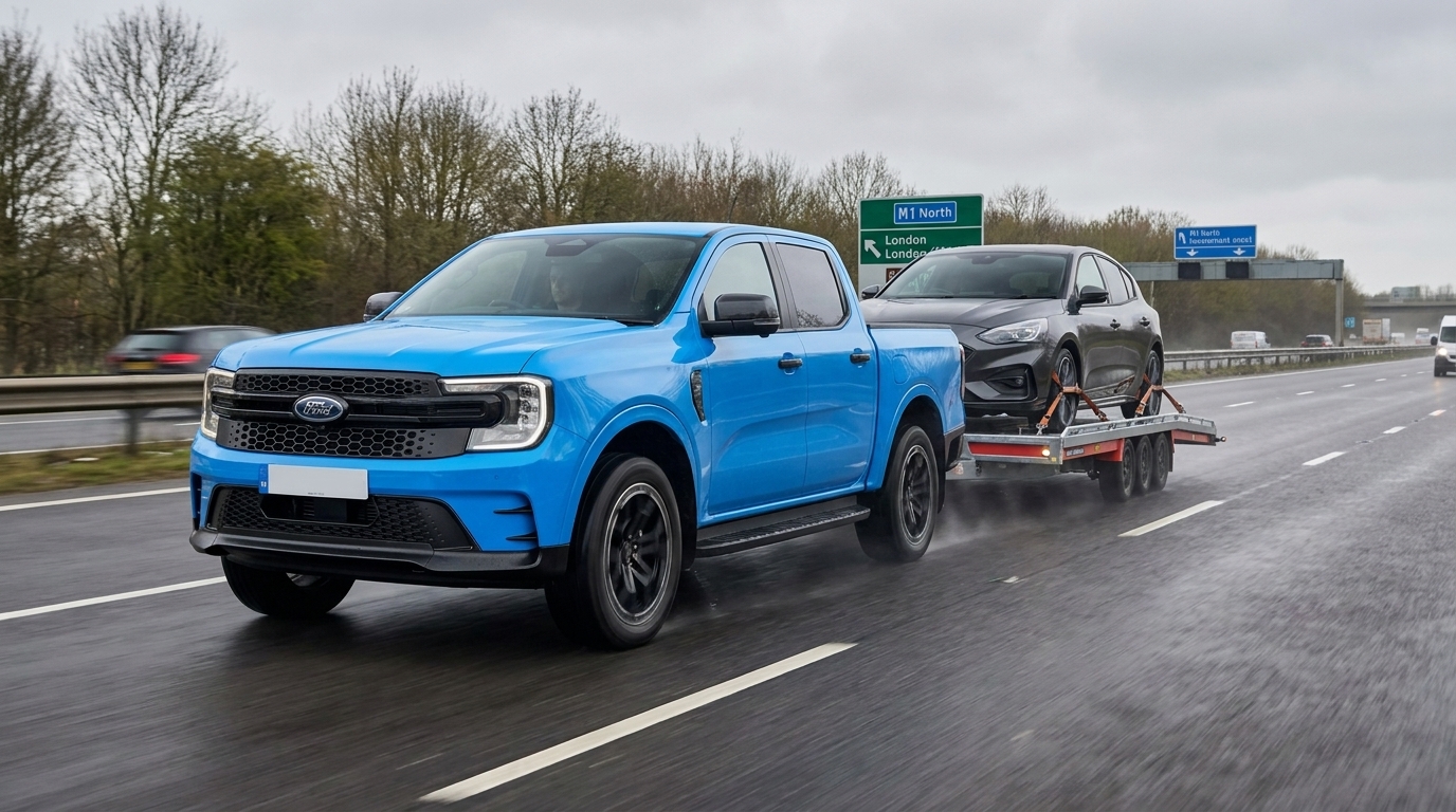 Blue Ford MS-RT towing Brian James T Transporter for dealer stock movements