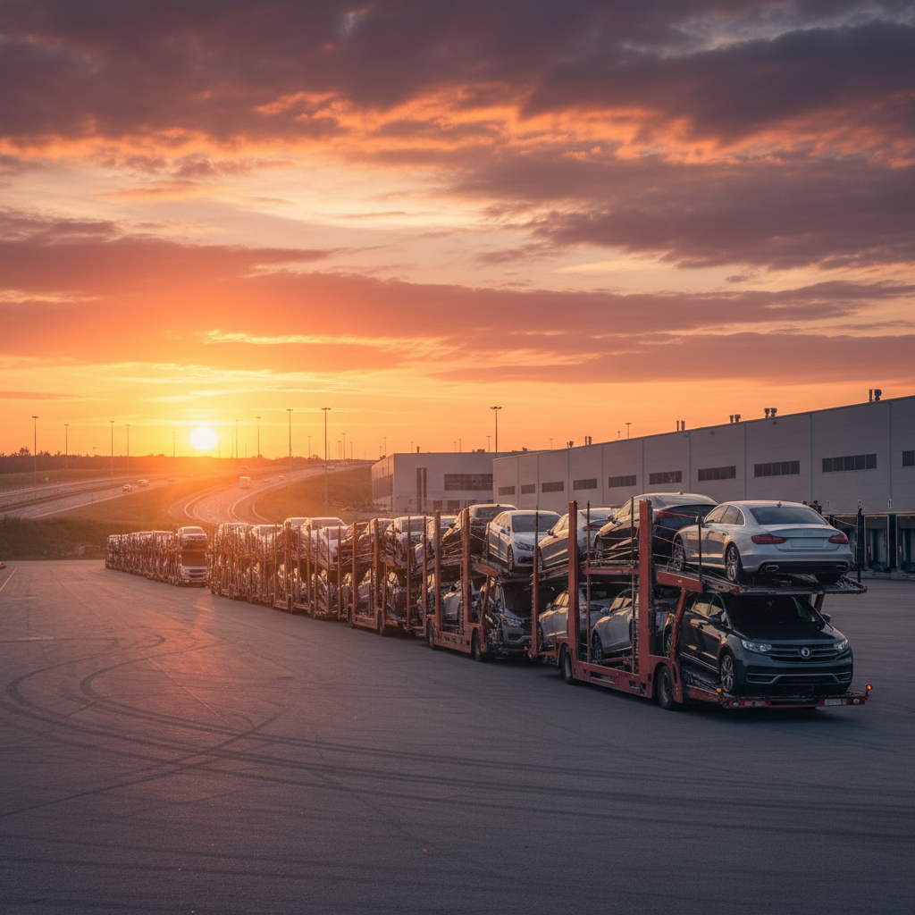 Row of professional car transporter trucks at sunset