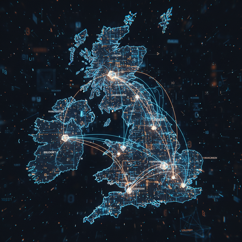 UK map with glowing route lines connecting cities