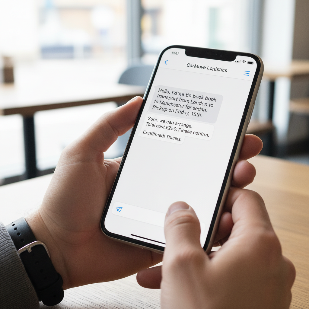 Hands holding smartphone showing WhatsApp car transport booking