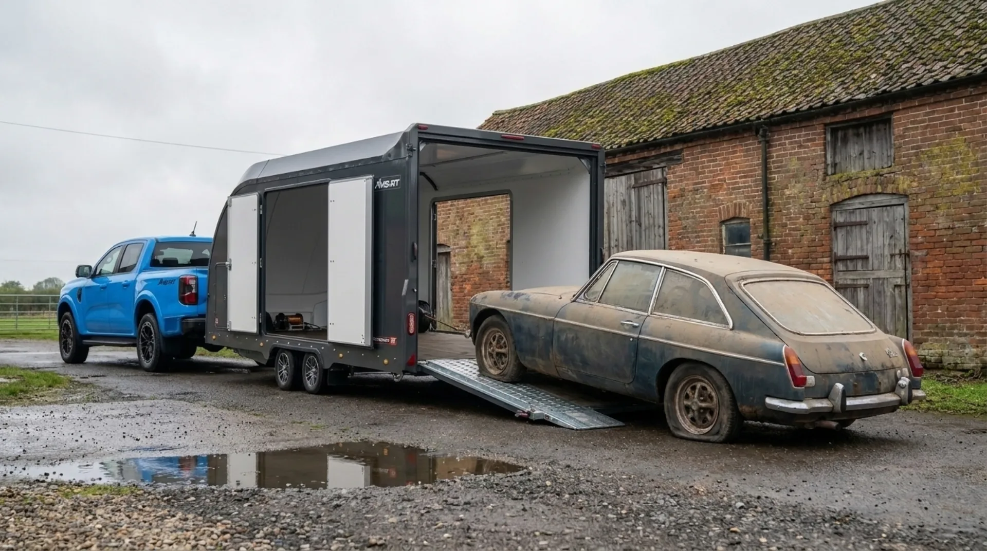 Barn-find classic being winched up the tilted bed of an enclosed trailer on a farm driveway